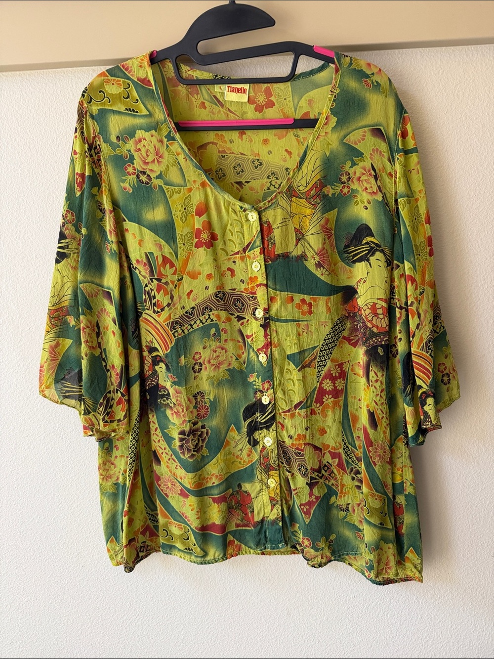 Tianello Lime Green & Teal Floral Button-Front Blouse